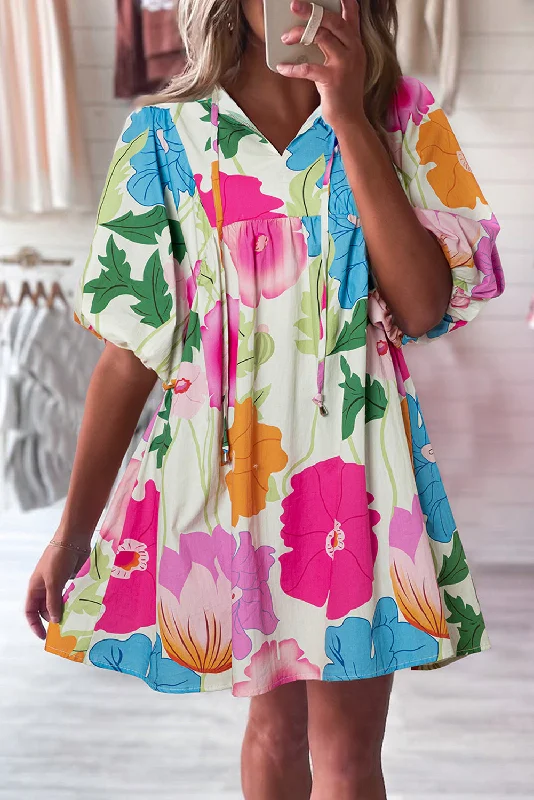 Rose Floral Print Split Neck Babydoll Dress Tunics Spring floral