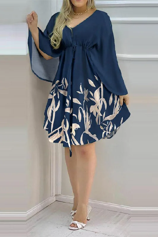 Floral Print Stylish Cape Sleeve Mini Dress Casual Mini Dress with Pockets