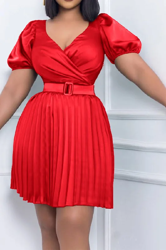 Solid Color Urban Belted Pleated Mini Dress Stylish Sweetheart Neck Mini Dress