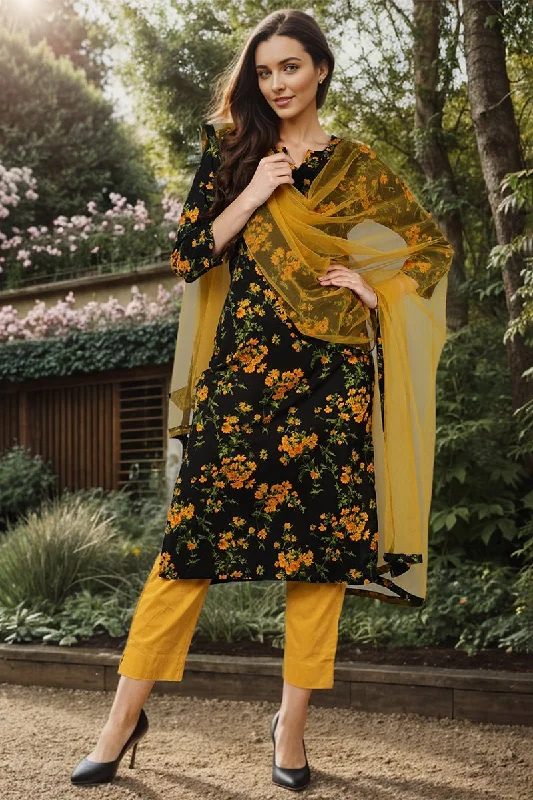 Ahika Black Rayon Blend Floral Straight Kurta Pant With Dupatta Stretch Fit Pants