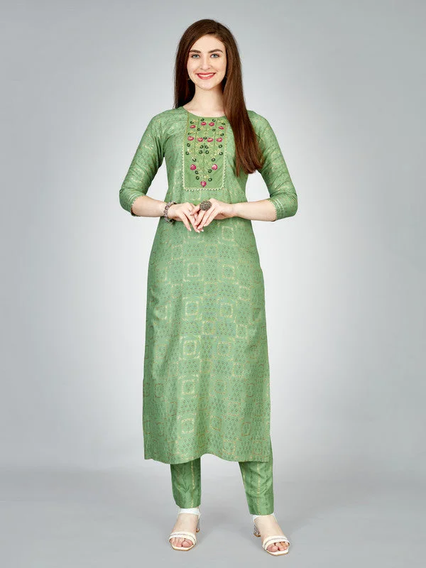 NOZ2TOZ Women Embroidered Rayon Kurta Pant Set - Light Green Comfortable Denim Pants NOZ2TOZ Women Embroidered Rayon Kurta Pant Set - Light Green Comfortable Denim Pants