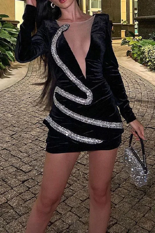 Rhinestone Snake Pattern Patchwork Cool Deep V Neck Mini Dress Trendy Off-Shoulder Dress Mini Rhinestone Snake Pattern Patchwork Cool Deep V Neck Mini Dress Trendy Off-Shoulder Dress Mini