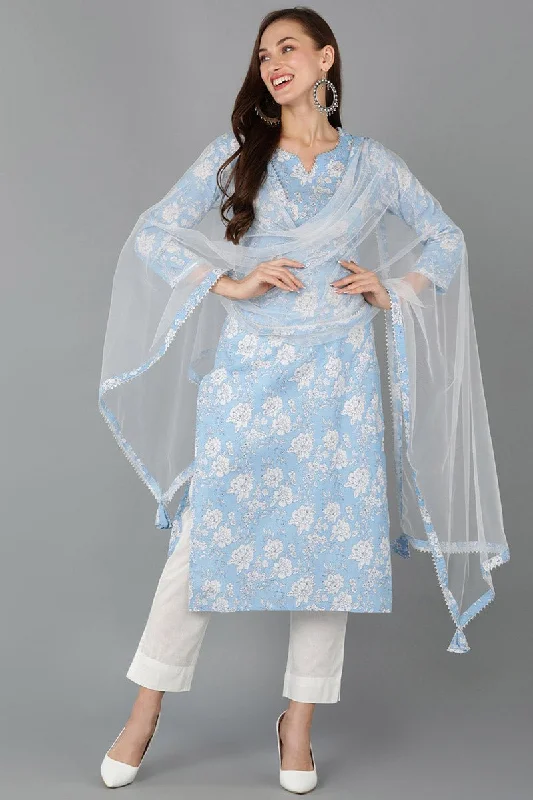 Ahika Blue Rayon Blend Floral Straight Kurta Pant With Dupatta Classic Bootcut Trousers Ahika Blue Rayon Blend Floral Straight Kurta Pant With Dupatta Classic Bootcut Trousers