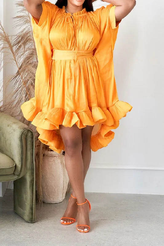 Solid Color Girly High Low Ruffle Hem Mini Dress Trendy Tulle Mini Dress