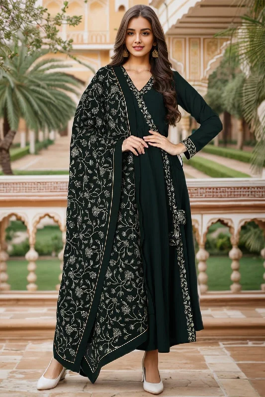 Ahika Dark Green Poly Georgette Angrakha Pant With Dupatta Relaxed Casual Leggings