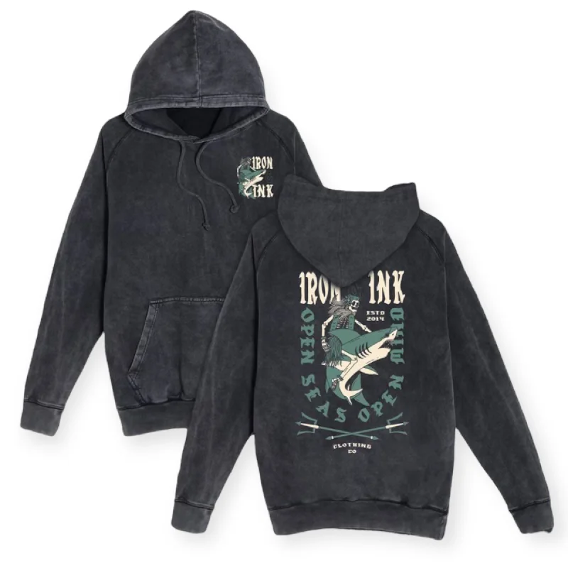 "Shark skull" mineral washed- hoodie Hoodie with Lining Warm Insulated