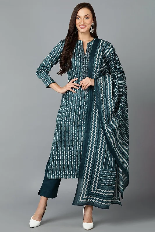 Ahika Rayon Blend Teal Straight Kurta Pant With Dupatta Trendy Tapered Pants