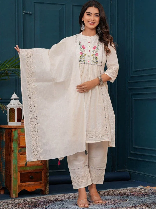 NOZ2TOZ Women's Cotton Embroidered Flared Kurta Pant With Dupatta - Beige Relaxed High-Waist Trousers NOZ2TOZ Women's Cotton Embroidered Flared Kurta Pant With Dupatta - Beige Relaxed High-Waist Trousers