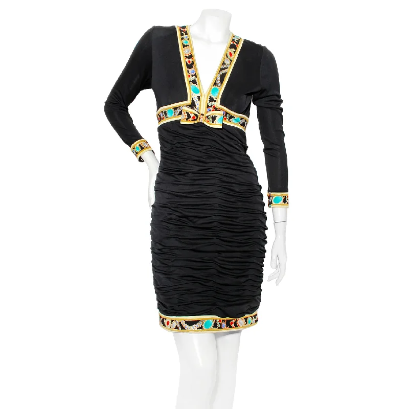 1990s Black and Jewel Print Ruched Dress Tunics Business professional