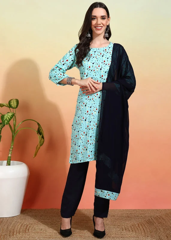 NOZ2TOZ Women's Crepe Printed Straight Kurta Pant With Dupatta - Sky Blue Trendy Printed Pants NOZ2TOZ Women's Crepe Printed Straight Kurta Pant With Dupatta - Sky Blue Trendy Printed Pants
