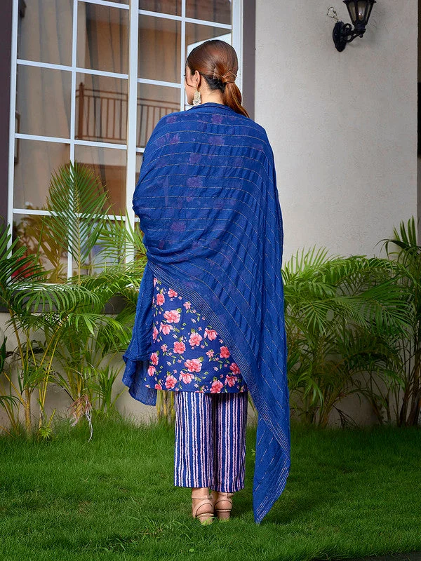 NOZ2TOZ Women's Cotton Blend Printed Straight Kurta Pant With Dupatta - Blue Formal Dress Pants NOZ2TOZ Women's Cotton Blend Printed Straight Kurta Pant With Dupatta - Blue Formal Dress Pants