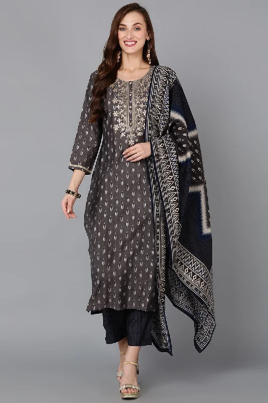 Ahika Silk Blend Grey Printed Straight Kurta Pant With Dupatta Classic Flared Pants