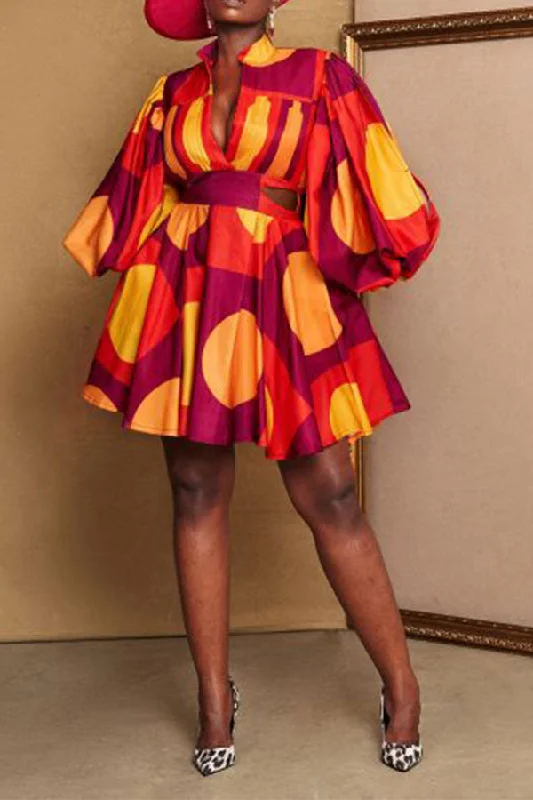 Graphic Print Puff Sleeve Dramatic A-Line Mini Dress Trendy Button-Detail Mini Dress