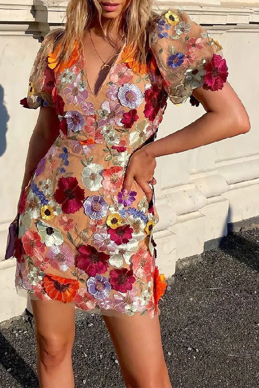 Floral Embroidery Luxe Puff Sleeve Mini Dress Classic Black Mini Dress