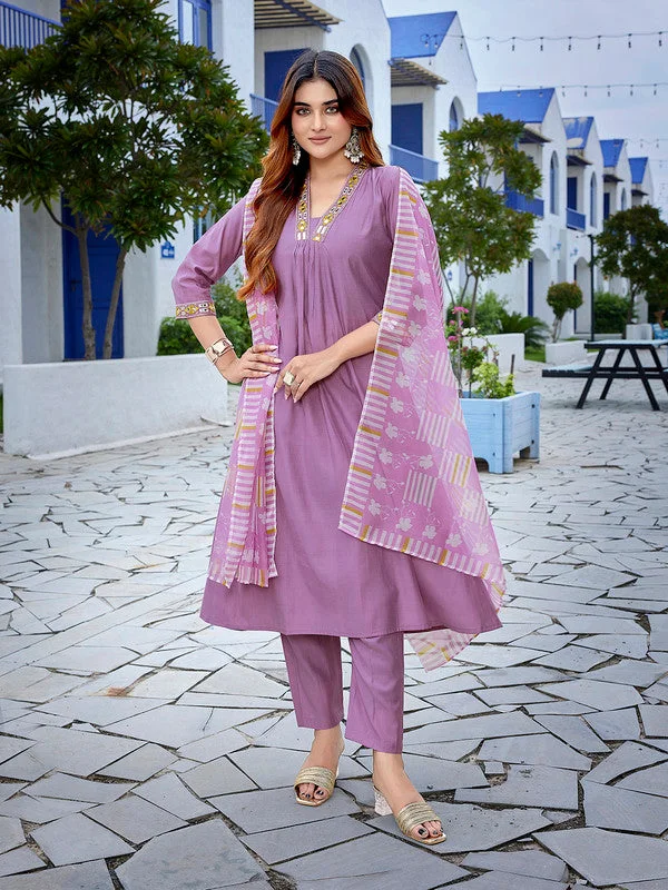 NOZ2TOZ Women's Viscose Solid Flared Kurta Pant With Dupatta - Lavender Soft Sweatpants Style NOZ2TOZ Women's Viscose Solid Flared Kurta Pant With Dupatta - Lavender Soft Sweatpants Style