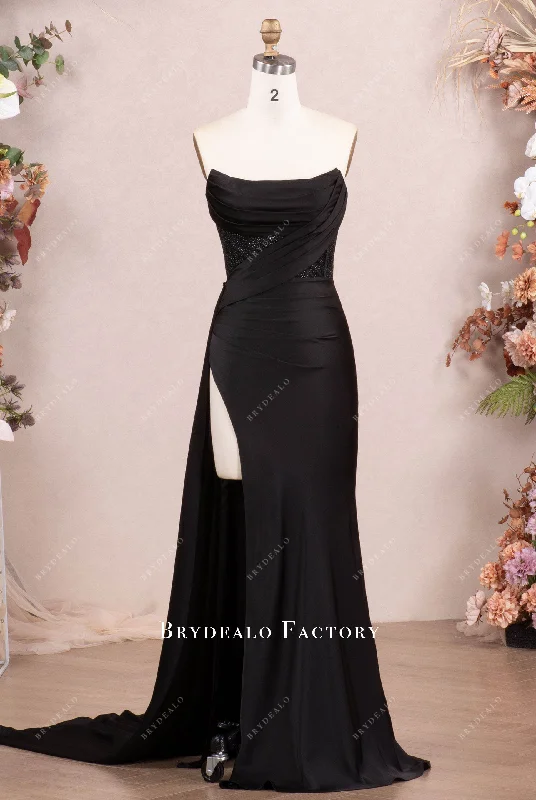 Black Strapless Curve Neck Jersey Satin Prom Evening Dress Tunics Travel practical