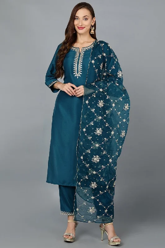 Ahika Blue Silk Blend Straight Kurta Pant With Dupatta Warm Wool Trousers