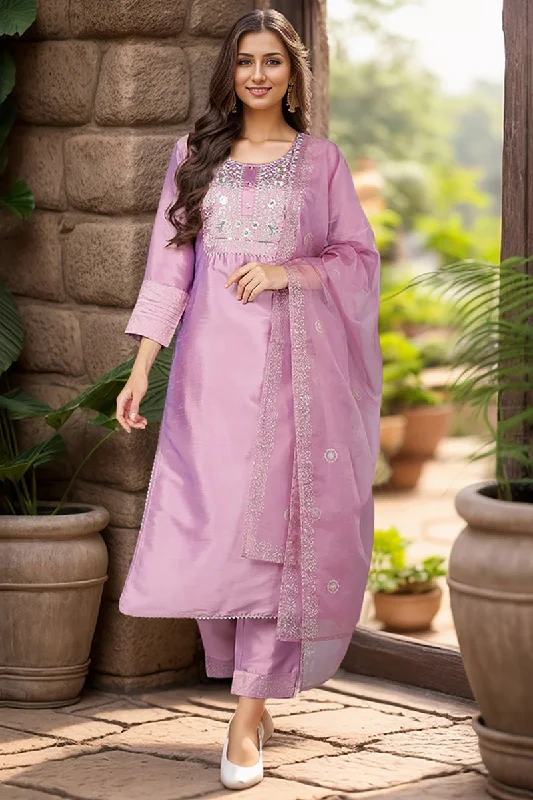 Ahika Lavender Silk Blend Straight Kurta Pant With Dupatta Stylish Elastic Waist Pants Ahika Lavender Silk Blend Straight Kurta Pant With Dupatta Stylish Elastic Waist Pants