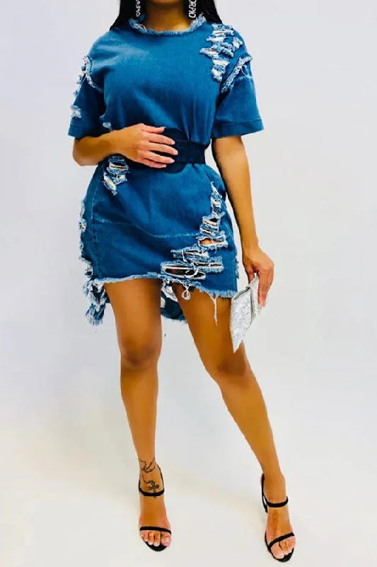 Ripped Burrs Cool Belted Denim Mini Dress Comfortable Polka Dot Mini Dress