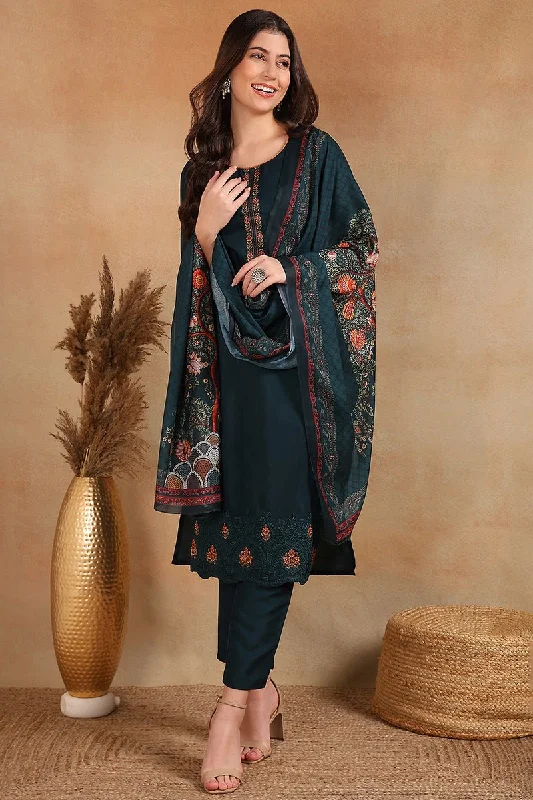 Ahika Silk Blend Green Embroidered Straight Kurta Pant With Dupatta Comfortable Wide-Leg Pants Ahika Silk Blend Green Embroidered Straight Kurta Pant With Dupatta Comfortable Wide-Leg Pants
