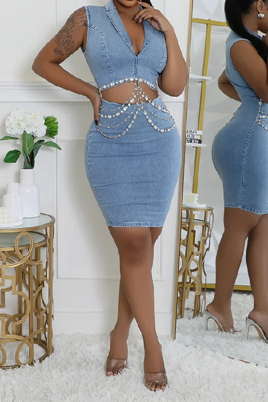 Multi-layer Rhinestone Decor Cutout Smart Bodycon Denim Mini Dress Chic Sleeveless Mini Dress Multi-layer Rhinestone Decor Cutout Smart Bodycon Denim Mini Dress Chic Sleeveless Mini Dress