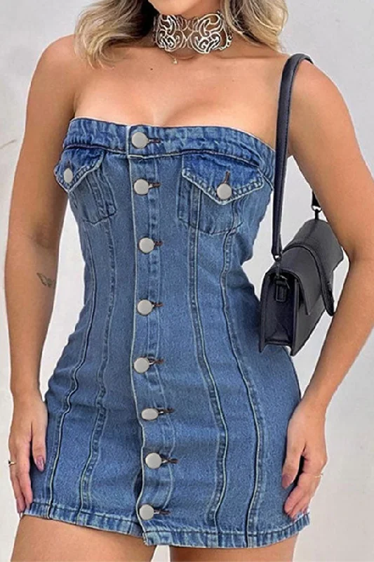 Washed Denim On-trend Bandeau Mini Dress Chic Bohemian Mini Dress