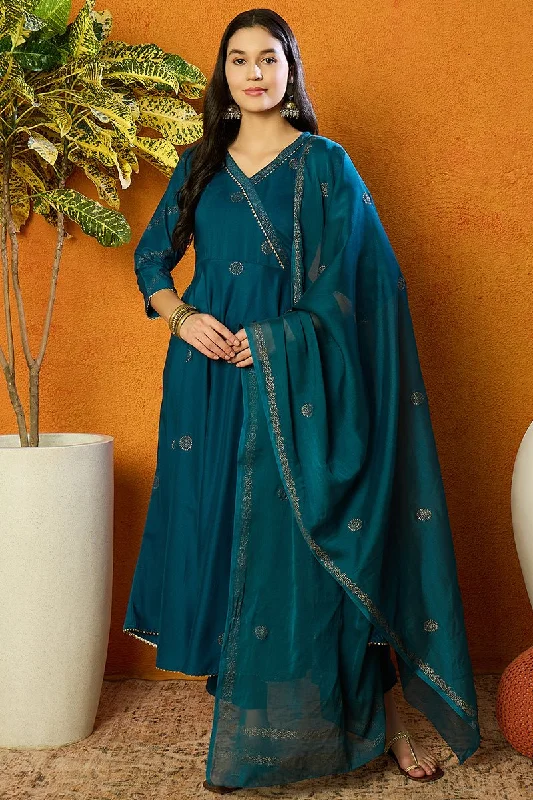 Ahika Teal Silk Blend Anarkali Woven Design Kurta Pant With Dupatta Cozy Maternity Pants Ahika Teal Silk Blend Anarkali Woven Design Kurta Pant With Dupatta Cozy Maternity Pants
