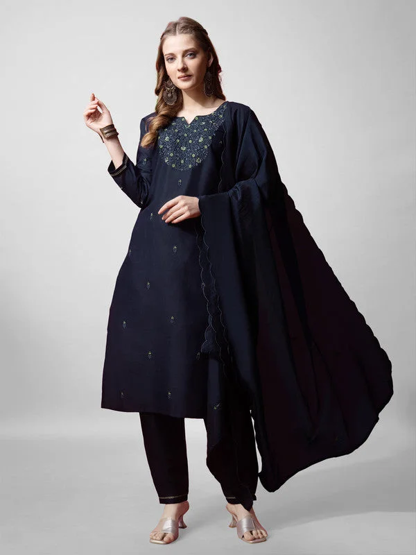 NOZ2TOZ Womens Navy Embroidered Cotton Blend Kurta Pant Set With Dupatta Comfortable Denim Leggings NOZ2TOZ Womens Navy Embroidered Cotton Blend Kurta Pant Set With Dupatta Comfortable Denim Leggings