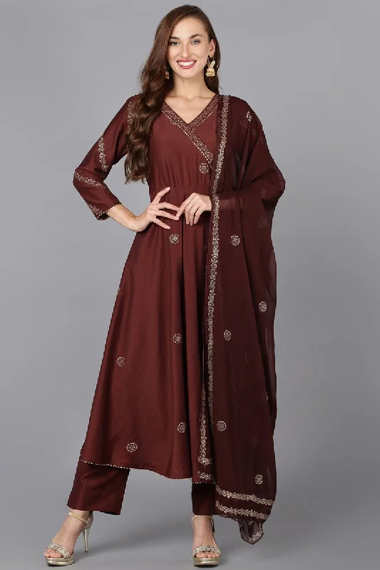 Ahika Maroon Silk Blend Anarkali Woven Design Kurta Pant With Dupatta Classic Stretch Pants Ahika Maroon Silk Blend Anarkali Woven Design Kurta Pant With Dupatta Classic Stretch Pants