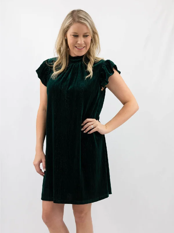 Green Velvet Dress Crew Neckline Casual