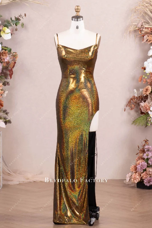 Gold Galaxy Cowl Neck High Slit Prom Evening Dress Tunics Yoga stretchy