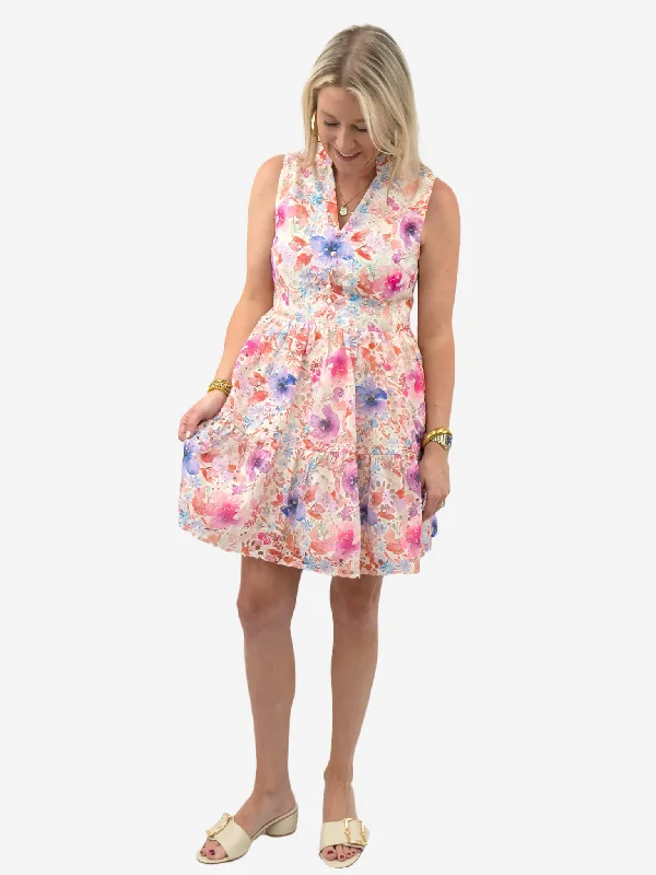 Watercolor Floral Pastel Eyelet Dress Tunics Mesh breathable