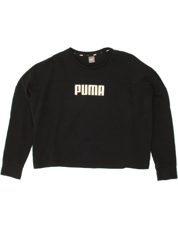 PUMA Womens Oversized Graphic Crop Sweatshirt Jumper UK 6 XS Black Cotton Hoodie with Exposed Zipper Edgy Industrial