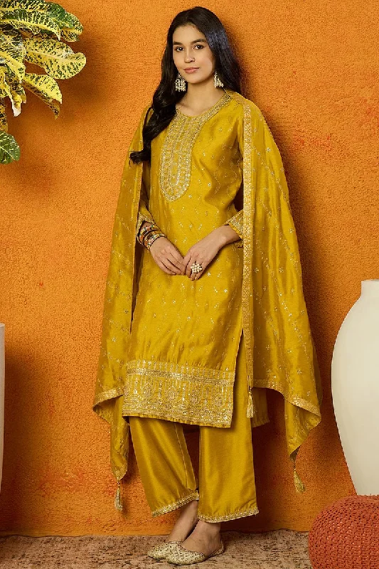Ahika Silk Blend Mustard Embroidered Straight Kurta Pant With Dupatta Classic Chino Pants Ahika Silk Blend Mustard Embroidered Straight Kurta Pant With Dupatta Classic Chino Pants