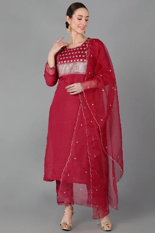 Ahika Fuchsia Poly Silk Straight Kurta Pant With Dupatta Fashionable Sporty Pants