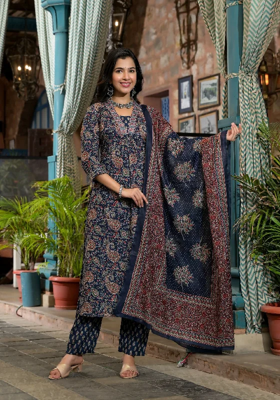 Indian Fashion Women's Blue Embroidery Viscose Rayon Kurta, Pant And Dupatta Set Classic Straight-Leg Pants Indian Fashion Women's Blue Embroidery Viscose Rayon Kurta, Pant And Dupatta Set Classic Straight-Leg Pants