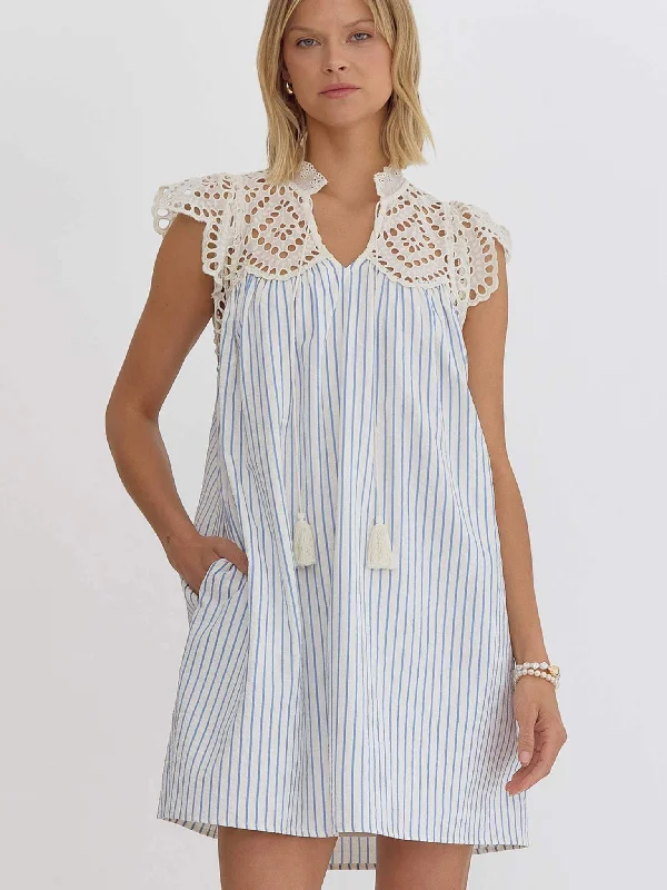 Blue and White Striped Eyelet Dress Tunics Office stylish