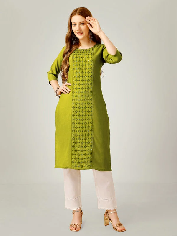 NOZ2TOZ Women Embroidered Cotton Blend Kurta Pant Set - Green Slim Fit Casual Pants