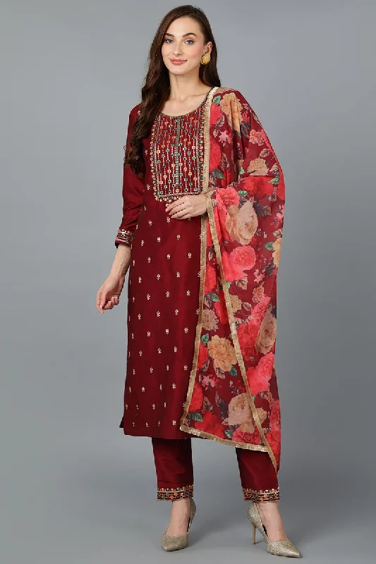 Ahika Maroon Silk Blend Embroidered Kurta Pant With Dupatta Elegant Wool Trousers