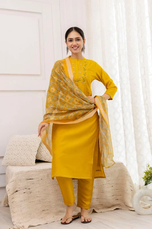 NOZ2TOZ Women's Viscose Yoke Design Solid Straight Kurta Pant With Dupatta - Mustard Classic Pleated Pants NOZ2TOZ Women's Viscose Yoke Design Solid Straight Kurta Pant With Dupatta - Mustard Classic Pleated Pants