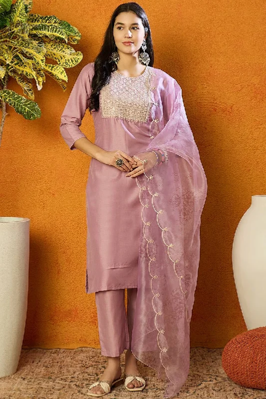 Ahika Lavender Poly Silk Straight Kurta Pant With Dupatta Trendy Velvet Pants