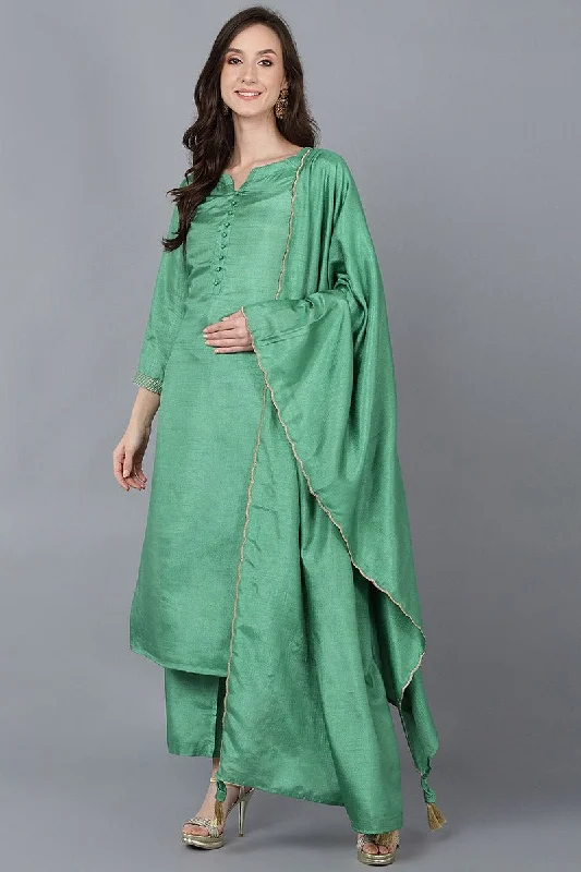 Ahika Green Poly Silk Straight Kurta Pant With Dupatta Trendy Tapered Pants