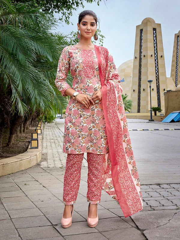 NOZ2TOZ Women's Cotton Blend Printed Straight Kurta Pant With Dupatta - White & Pink Classic Straight-Leg Pants NOZ2TOZ Women's Cotton Blend Printed Straight Kurta Pant With Dupatta - White & Pink Classic Straight-Leg Pants