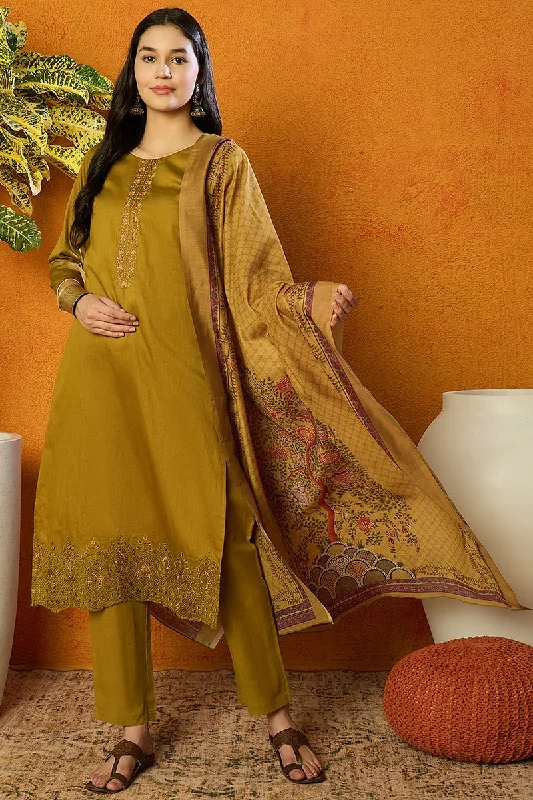 Ahika Silk Blend Olive Green Embroidered Straight Kurta Pant With Dupatta Slim Fit Casual Pants Ahika Silk Blend Olive Green Embroidered Straight Kurta Pant With Dupatta Slim Fit Casual Pants
