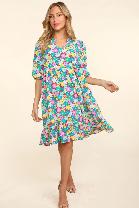 Blue Zone Planet |  Haptics Bubble Sleeve Floral Ruffled Dress empire Waist empire