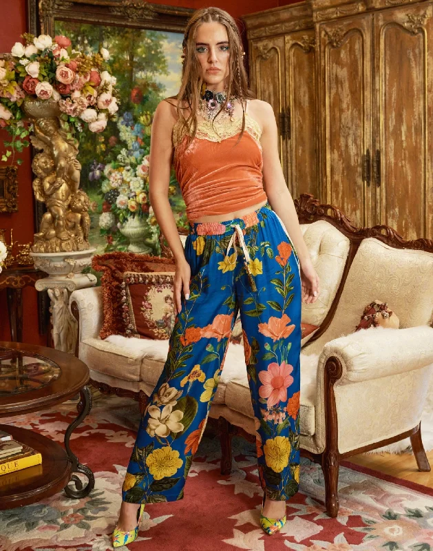 Cobalt Blue Floral Pants Comfortable Denim Trousers