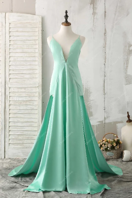 Mint Satin Sexy Plunging Slits A-line Prom Dress Tunics Fashionable chic