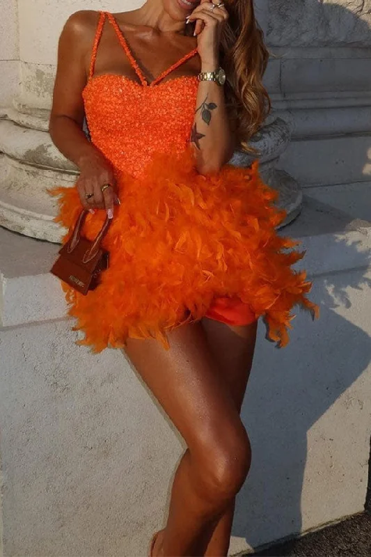 Sequined Patchwork Sweet Feather Mini Dress Casual Mini Dress with Pockets