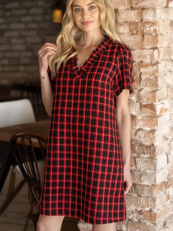 Tweed Red and Black Plaid Dress Tunics Luxurious premium