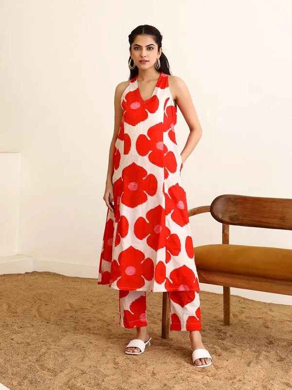 NOZ2TOZ Women's Printed A-Line Kurta With Pant Set - Red & White Elegant Trouser Pants NOZ2TOZ Women's Printed A-Line Kurta With Pant Set - Red & White Elegant Trouser Pants